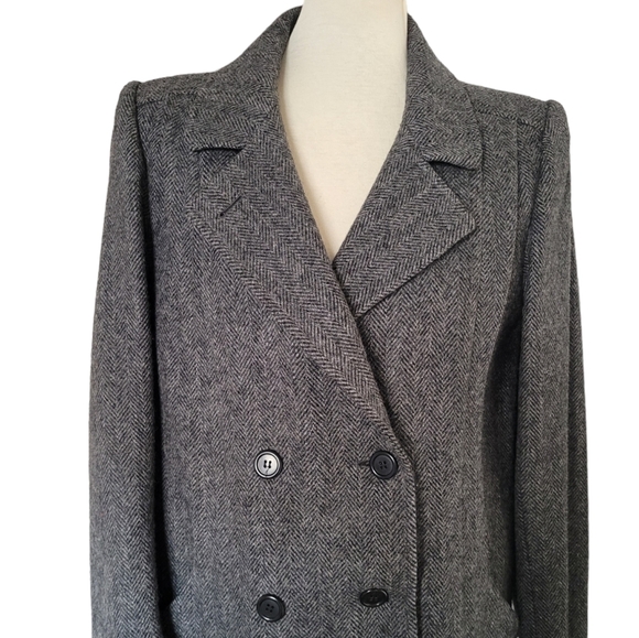 80's ALORNA Black and Gray Herringbone Wool Blend Double Breasted Midi Pea Coat - Picture 3 of 8